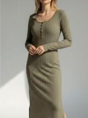 Pact Organic Cotton Ribbed Long-Sleeve Maxi Dress in Olive